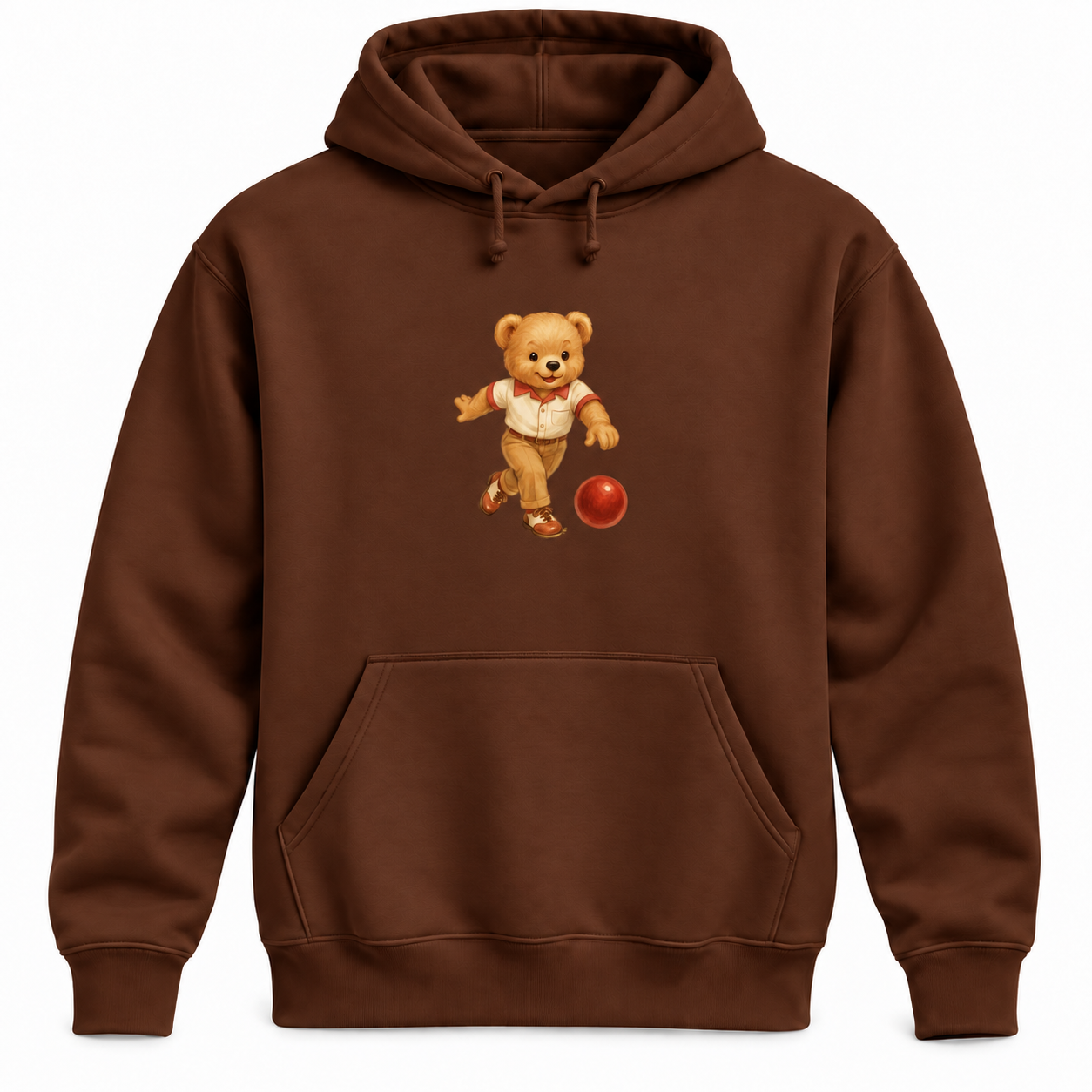 Chocolate Vintage Bowling Bear Hoodie with small consistent chest print
