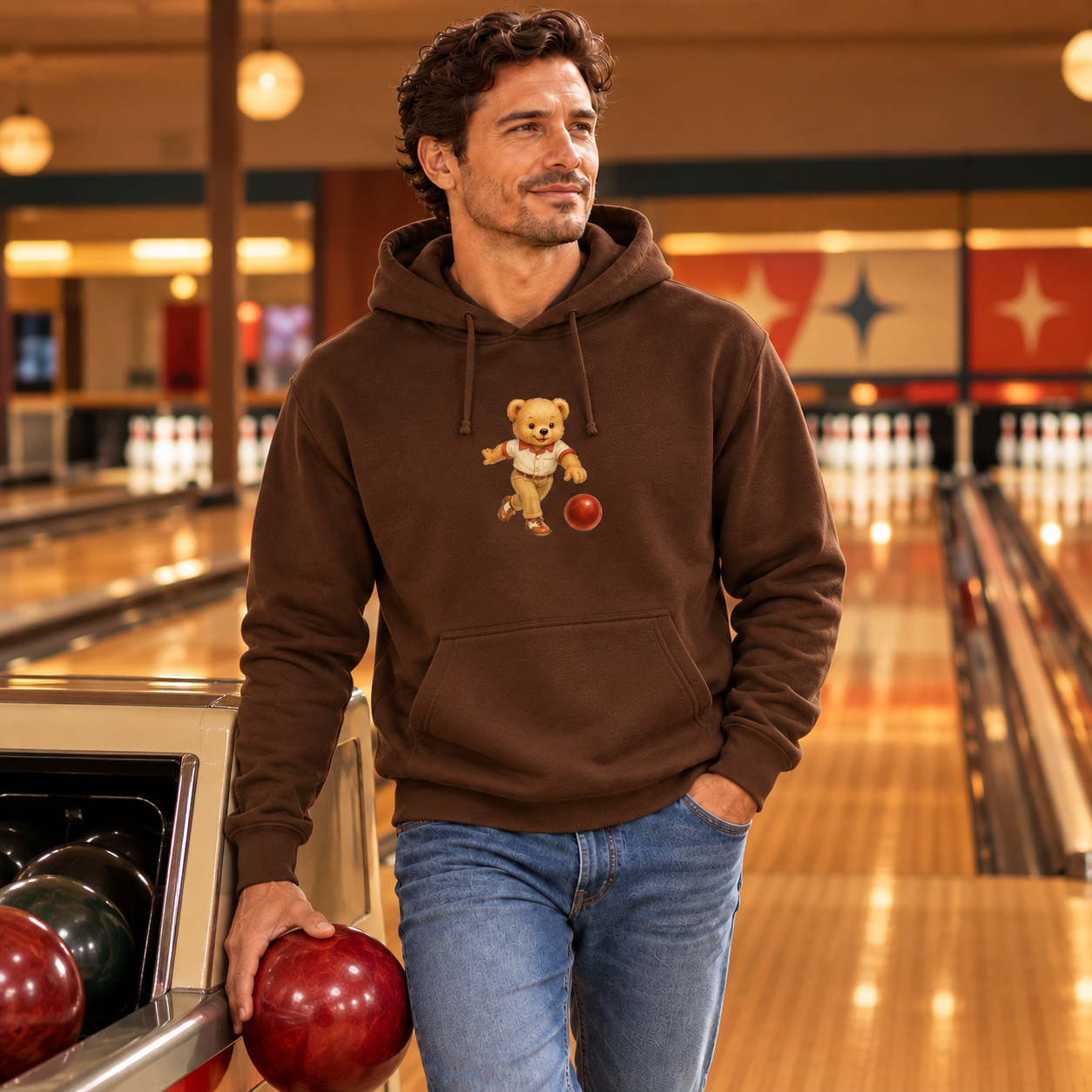 Man wearing chocolate Bowling Bear Hoodie in retro bowling alley
