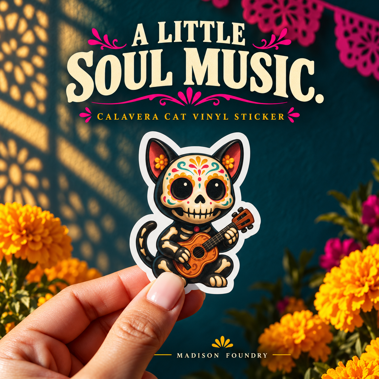 A Little Soul Music — hand-held calavera cat vinyl sticker