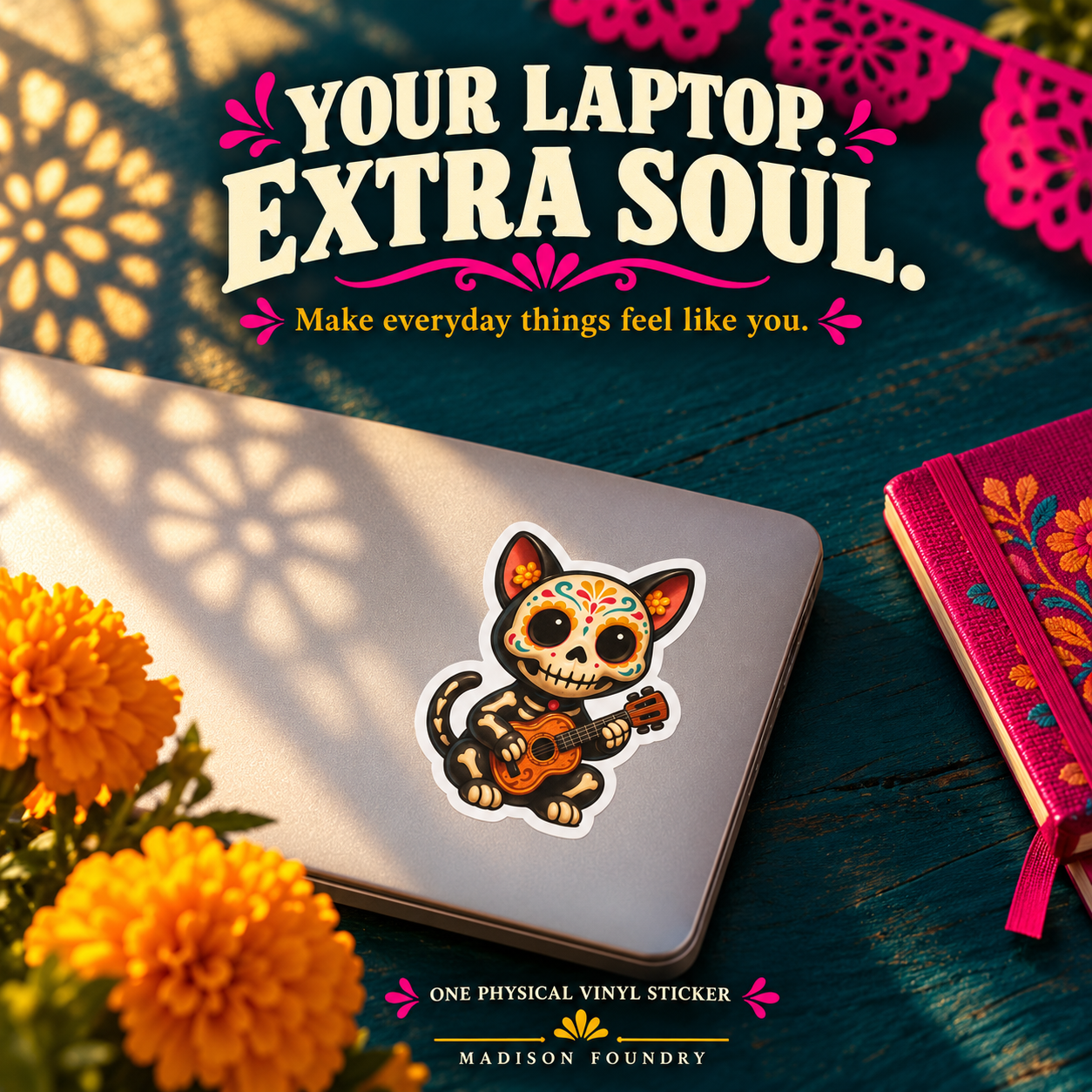 Your Laptop Extra Soul — calavera cat sticker on laptop