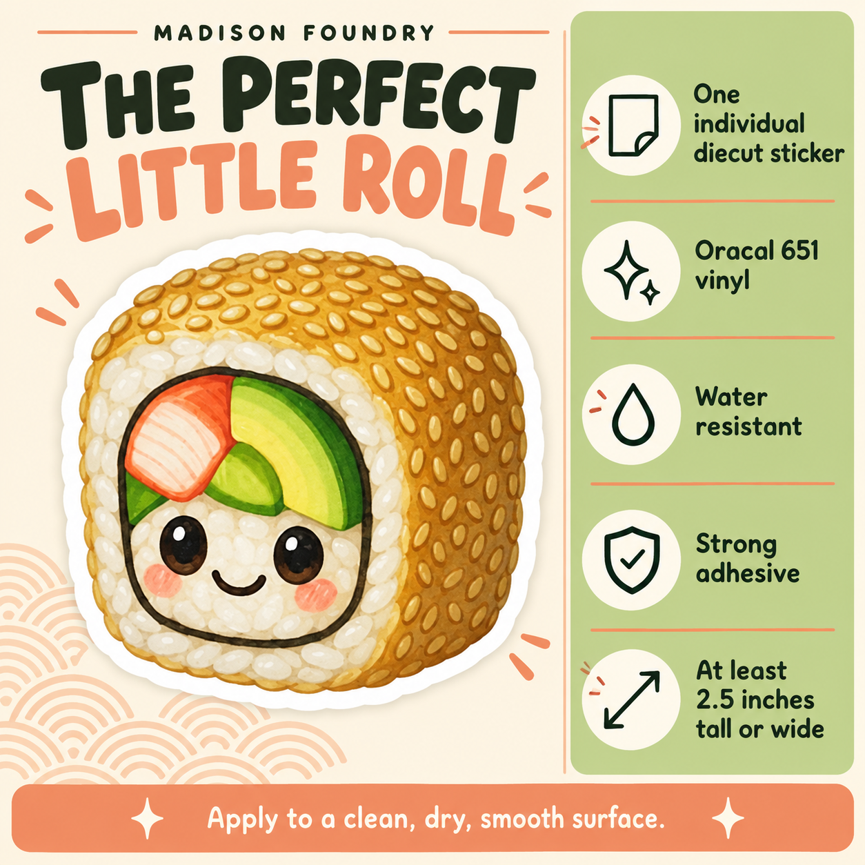 California roll sticker material and size details