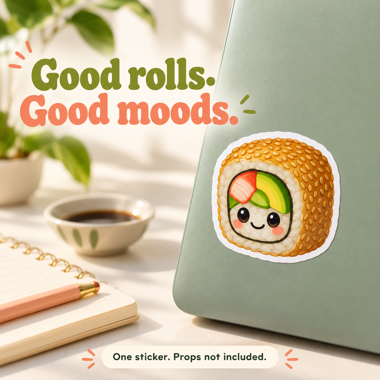 California roll sticker on sage laptop; props excluded