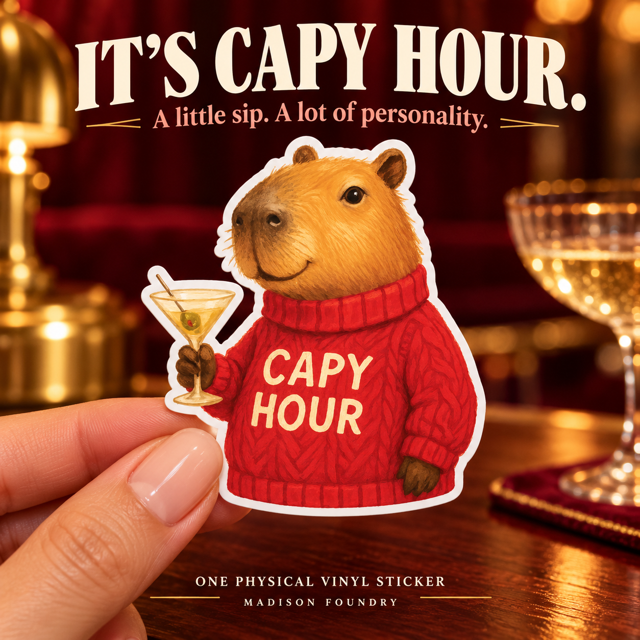 It's Capy Hour — hand-held capybara sticker hero
