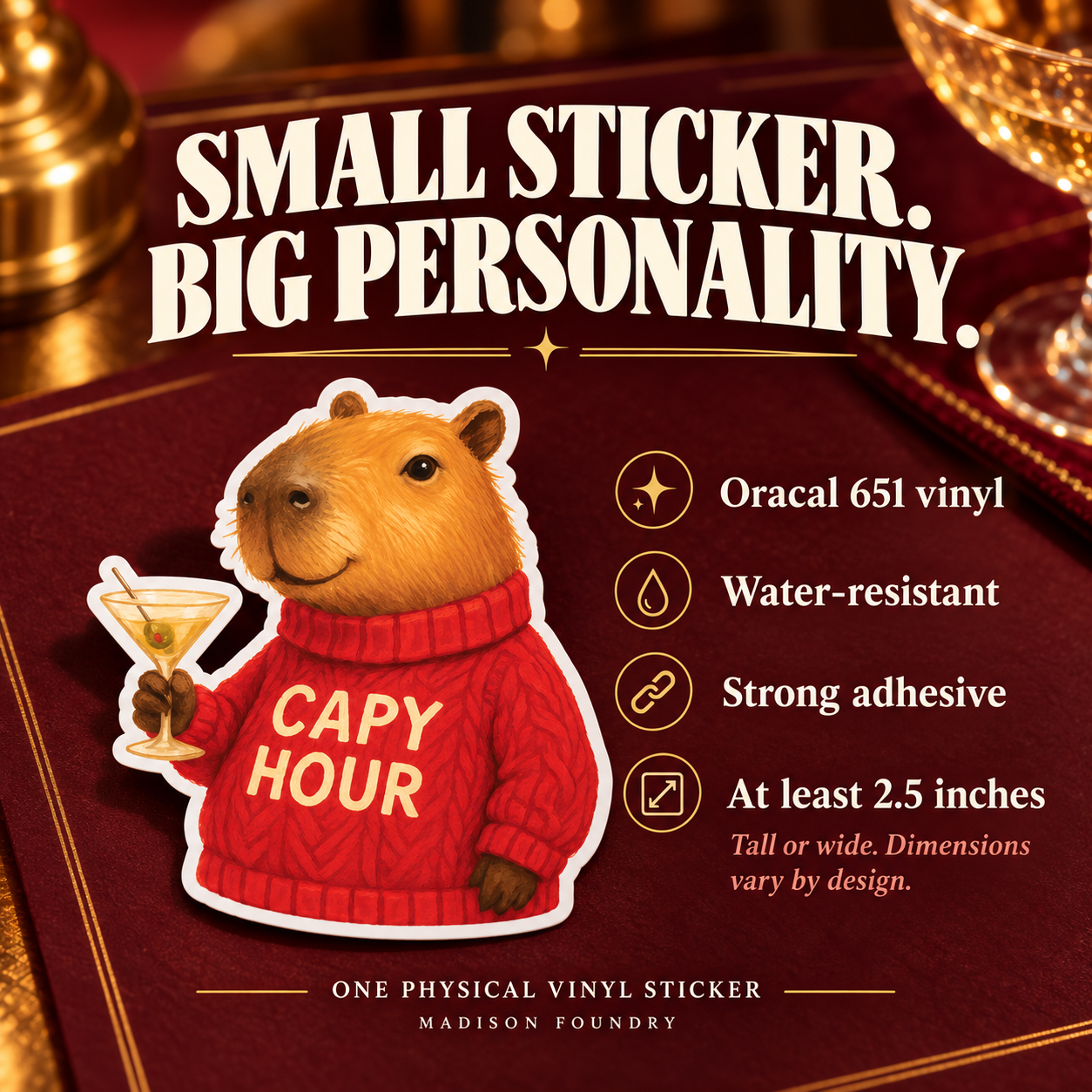 Small Sticker Big Personality — Capy Hour vinyl sticker details