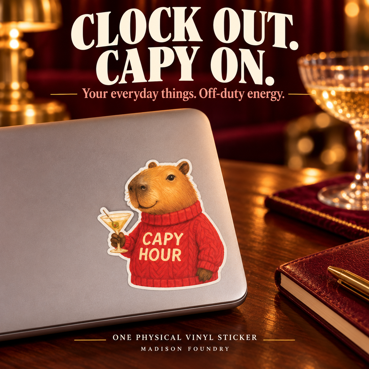 Clock Out Capy On — capybara sticker laptop lifestyle