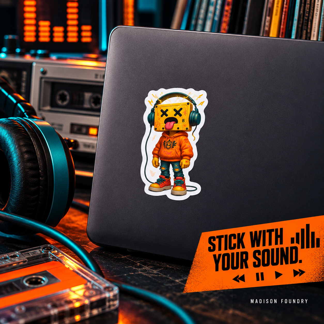 Cassette head robot sticker on laptop at music workstation
