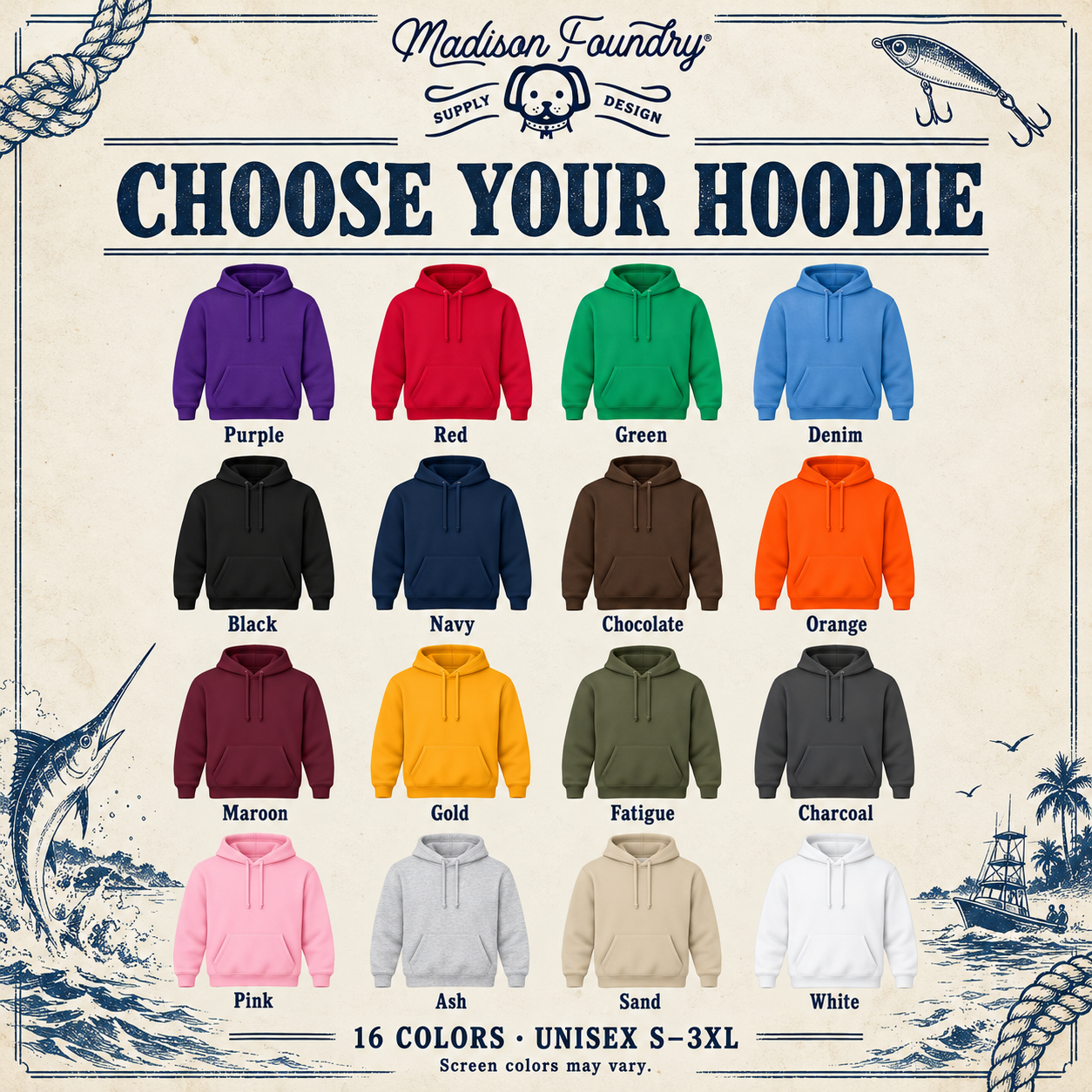 Sixteen original hoodie color options in a vintage coastal fishing chart