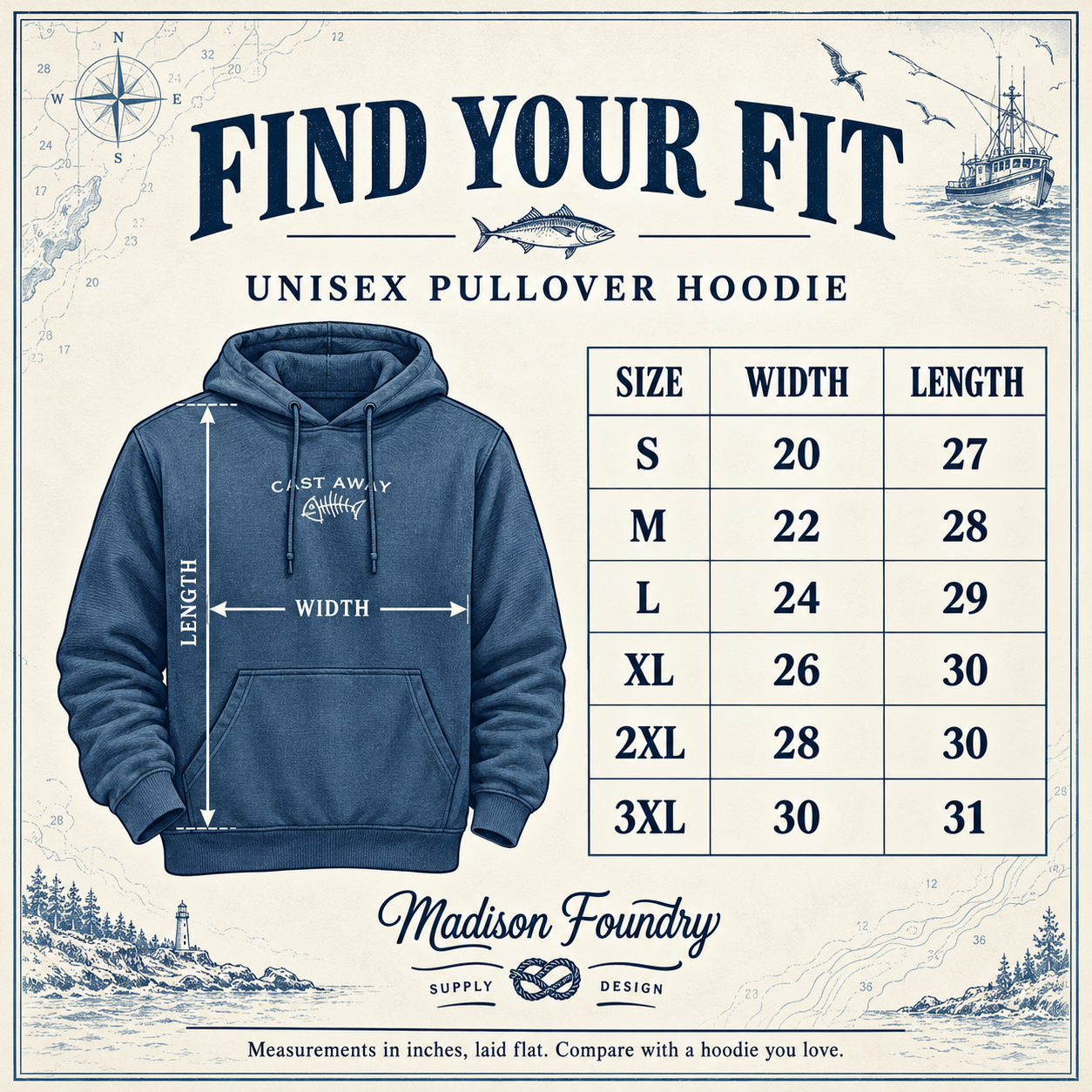 Cast Away unisex hoodie size chart S to 3XL with width and length in inches