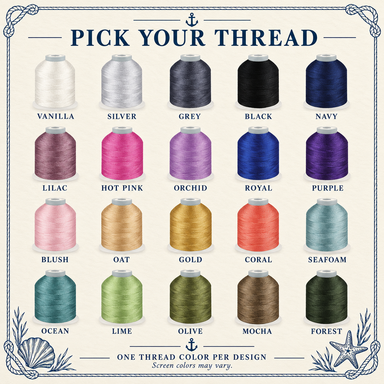 Twenty embroidery thread options with nautical rope border