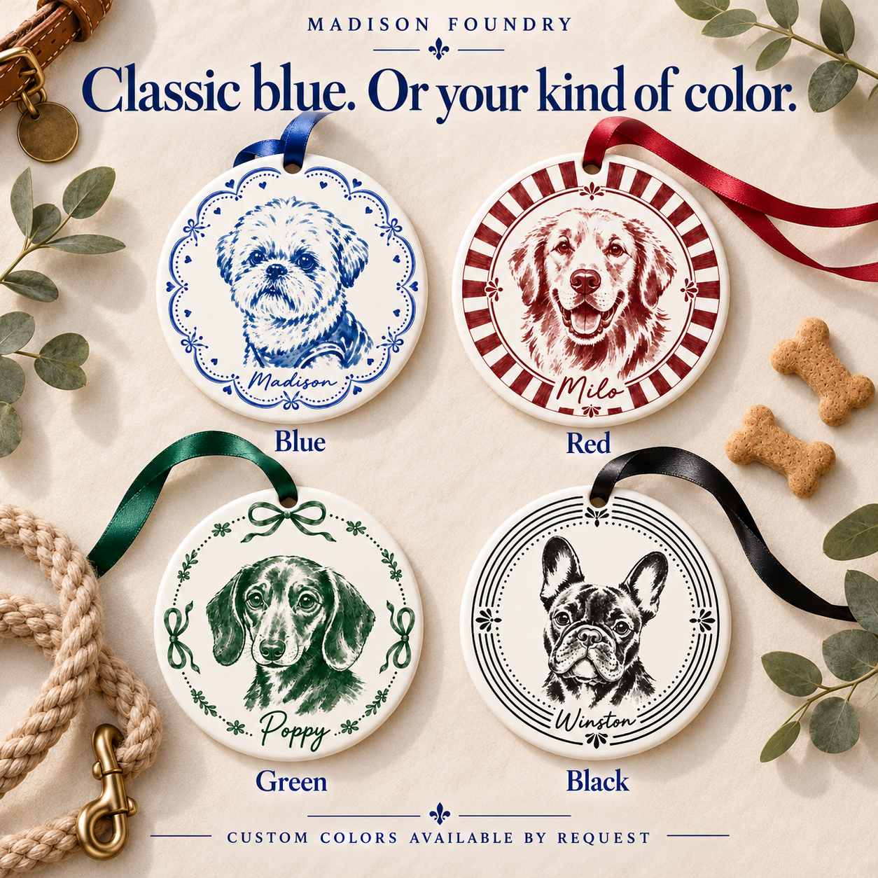 Blue, Red, Green and Black pet portrait color options; custom colors available