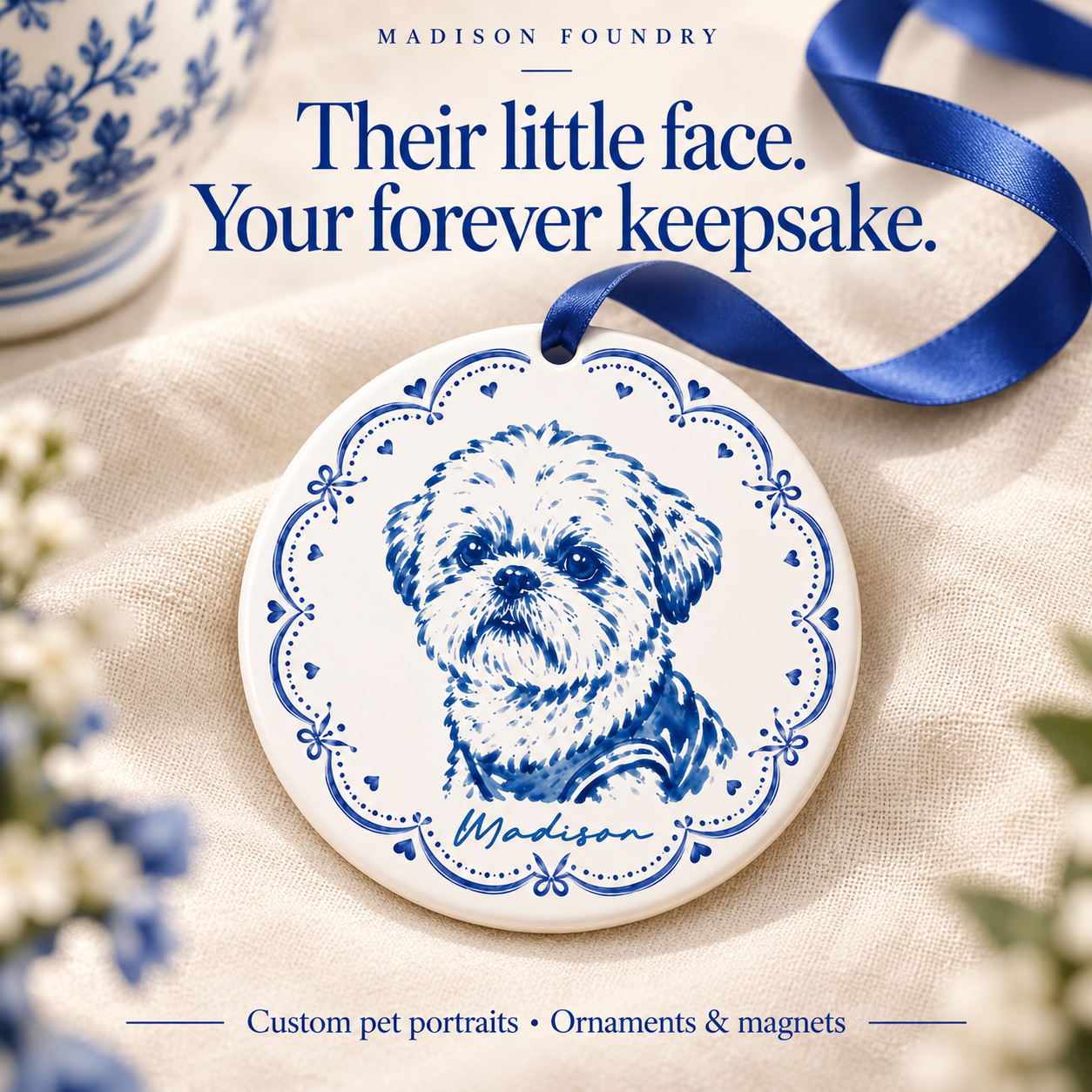 Custom blue chinoiserie pet portrait ornament with scalloped heart border