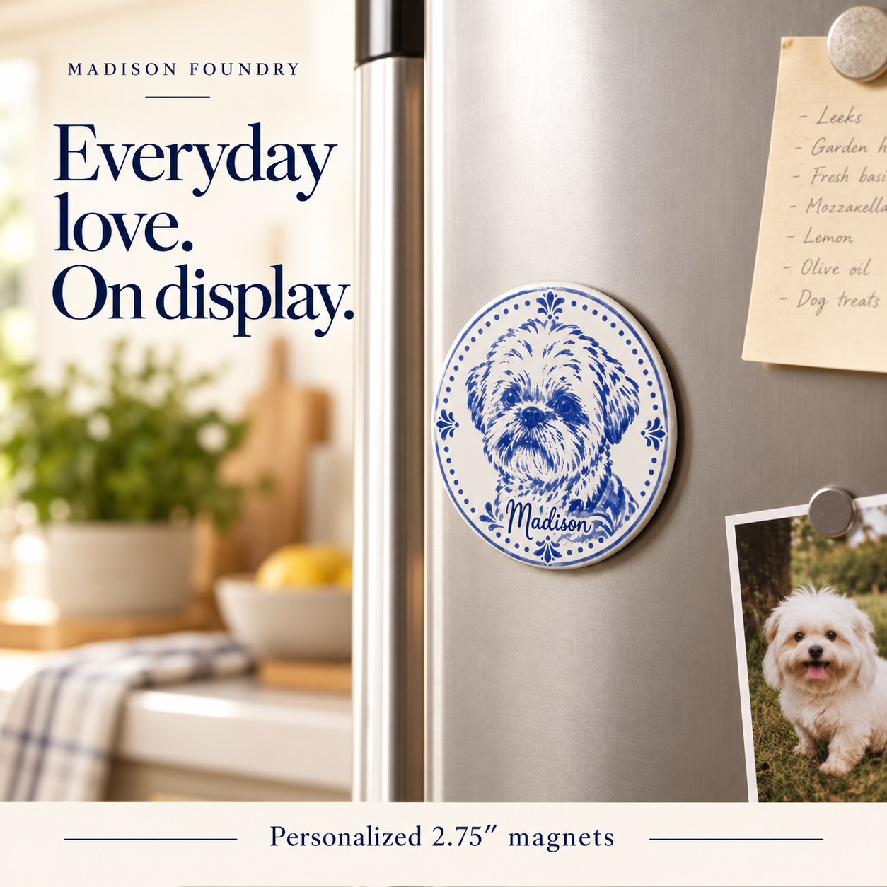 Personalized 2.75-inch pet portrait magnet displayed on a refrigerator