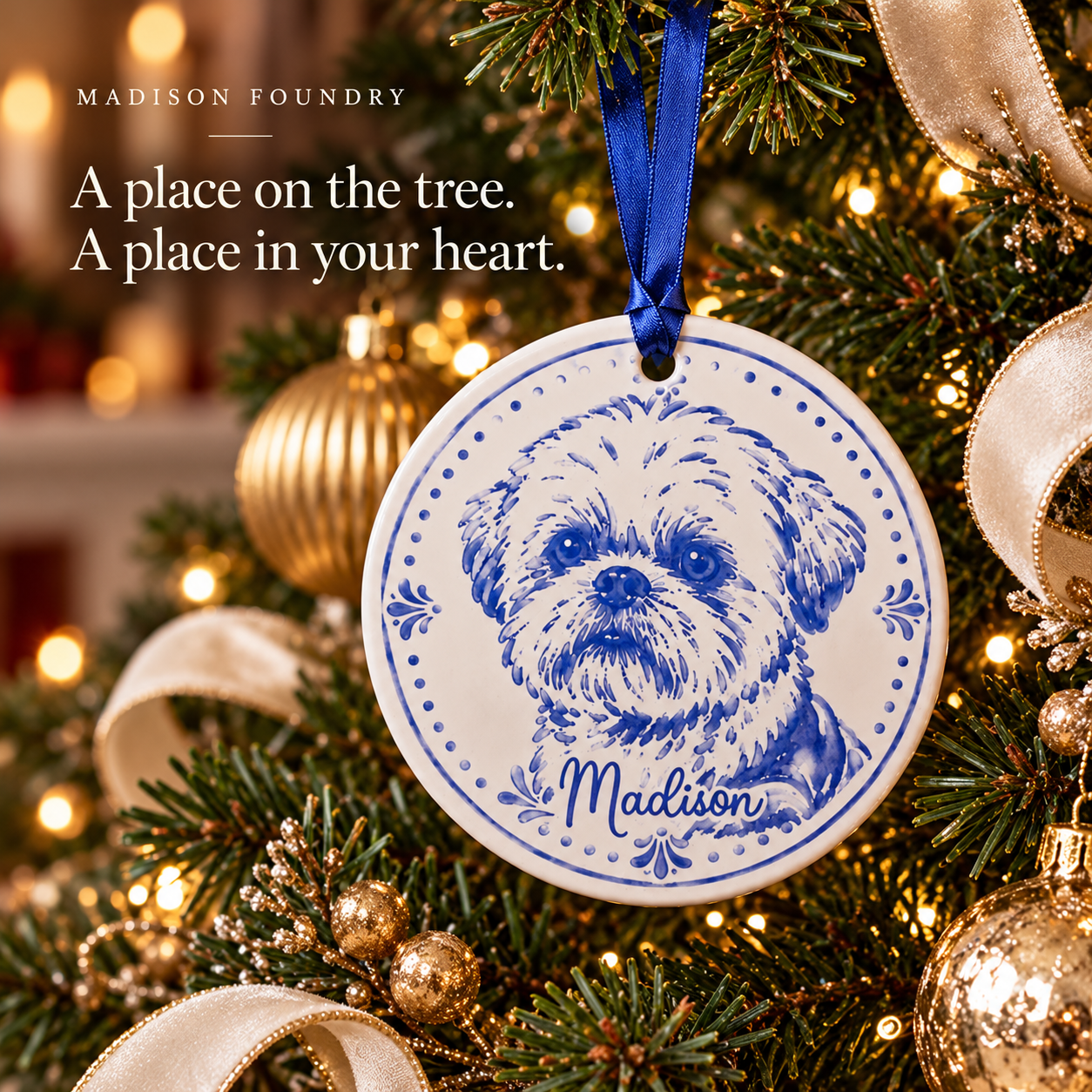 Custom blue pet portrait ornament hanging on a Christmas tree