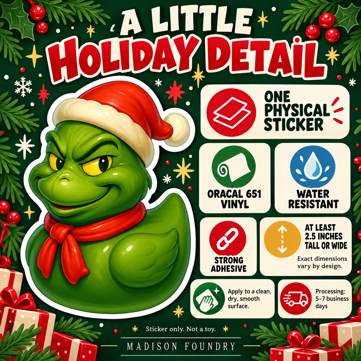 Grinch Duck vinyl sticker details listing slide