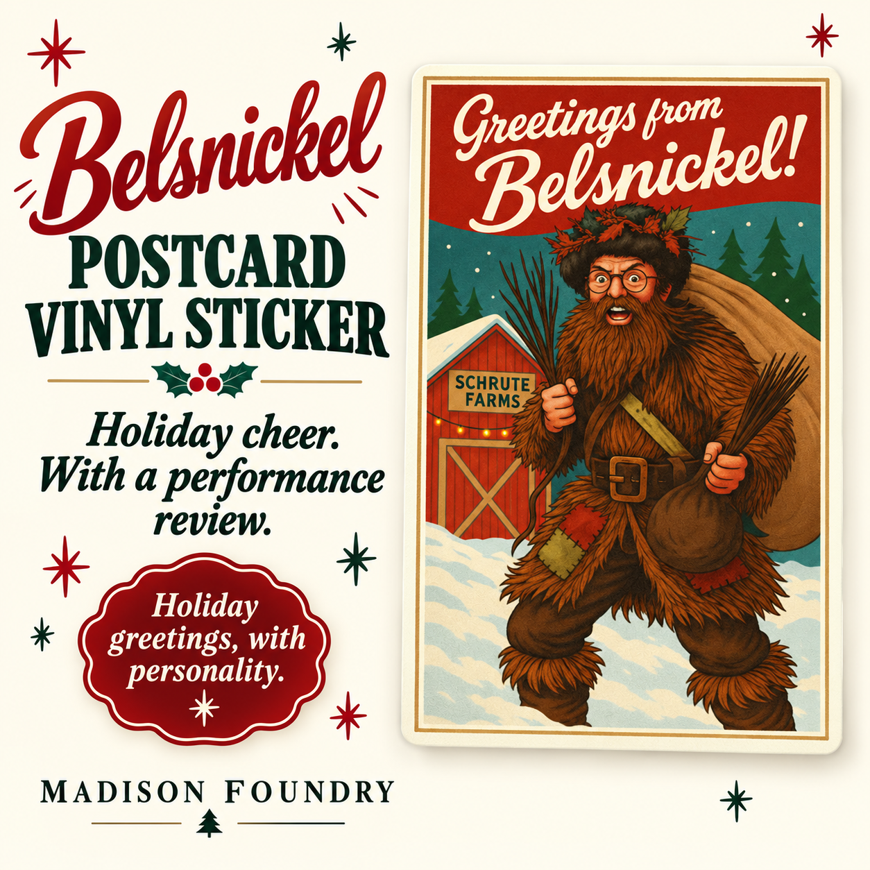 Belsnickel postcard vinyl sticker — hero slide