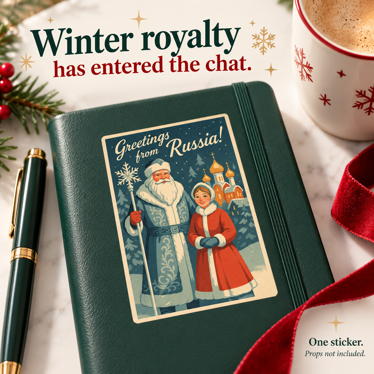 Ded Moroz & Snow Maiden postcard vinyl sticker — lifestyle slide