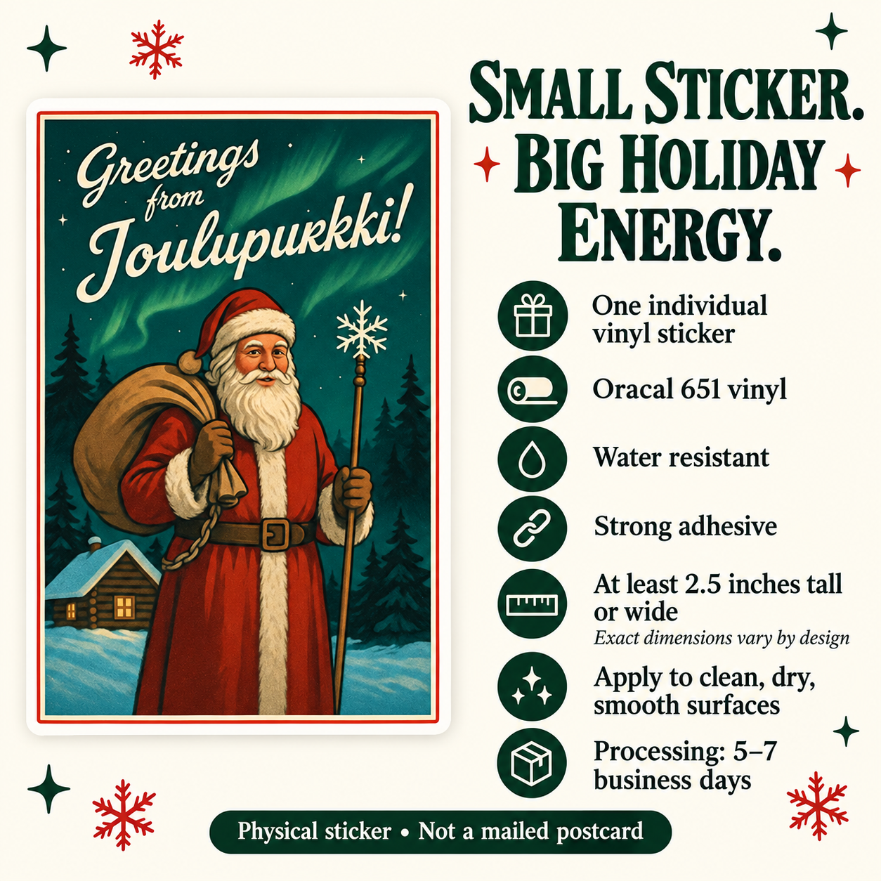 Joulupukki postcard vinyl sticker — details slide
