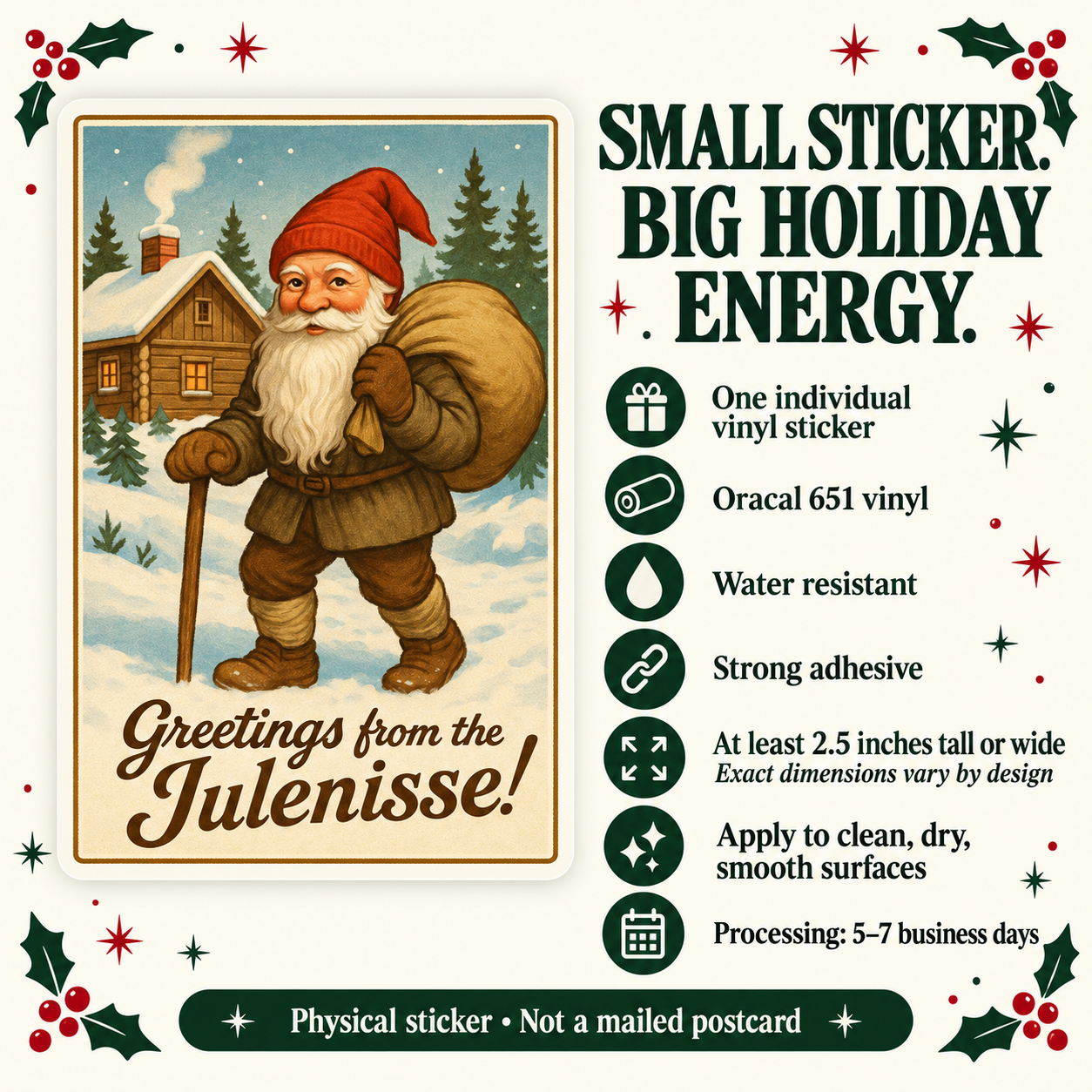 Julenisse postcard vinyl sticker — details slide