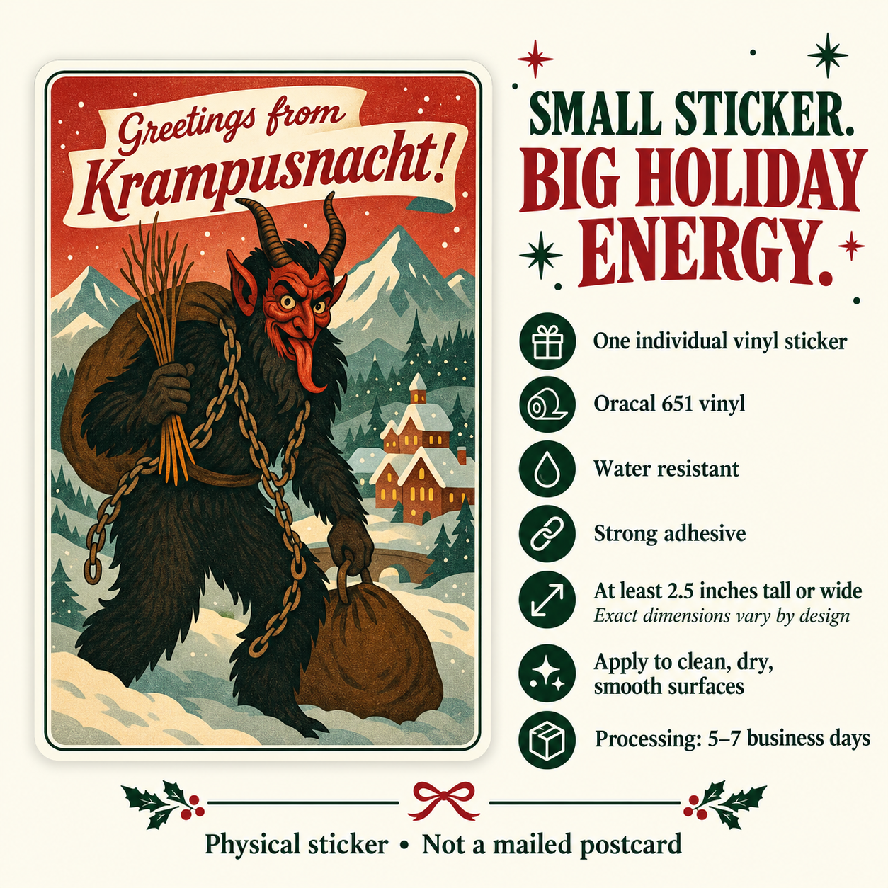 Krampusnacht postcard vinyl sticker — details slide