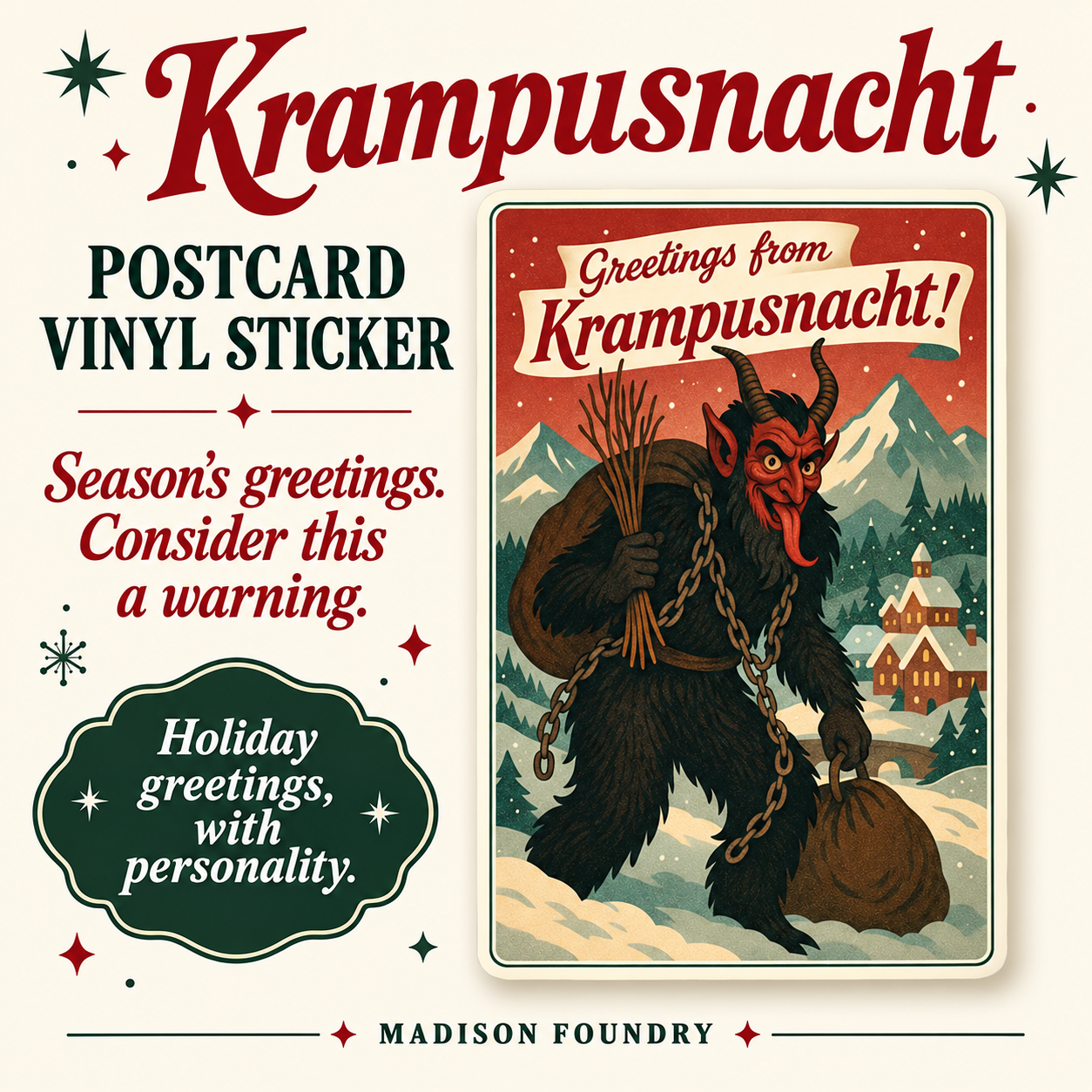 Krampusnacht postcard vinyl sticker — hero slide