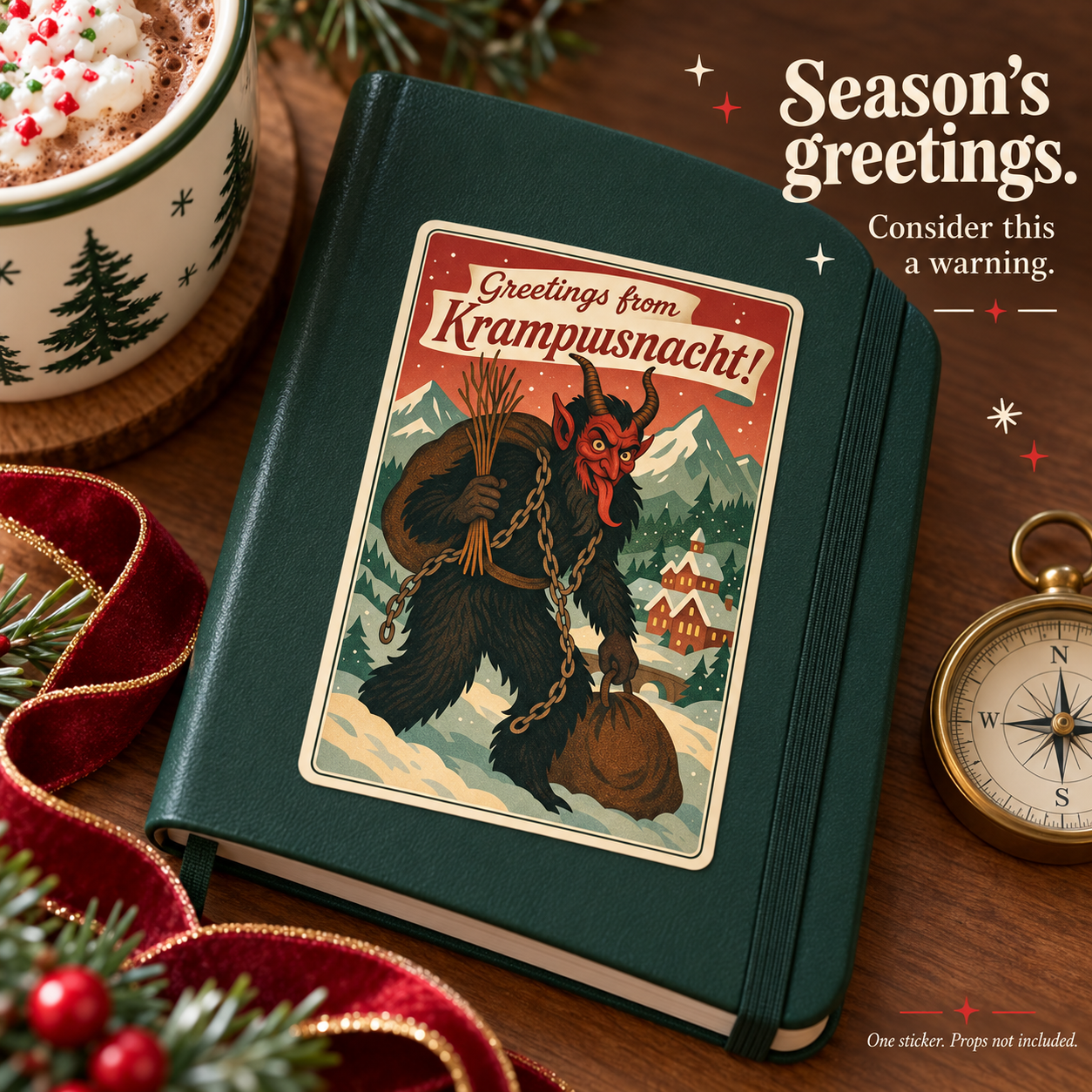 Krampusnacht postcard vinyl sticker — lifestyle slide