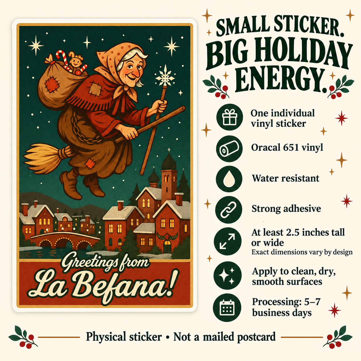La Befana postcard vinyl sticker — details slide