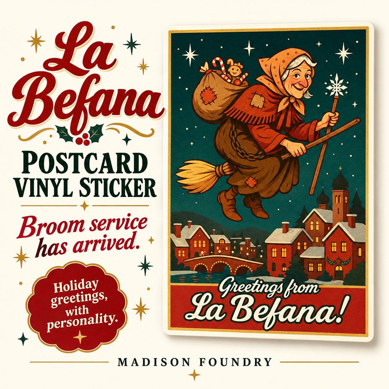 La Befana postcard vinyl sticker — hero slide