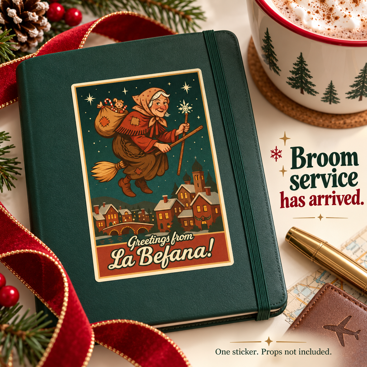 La Befana postcard vinyl sticker — lifestyle slide