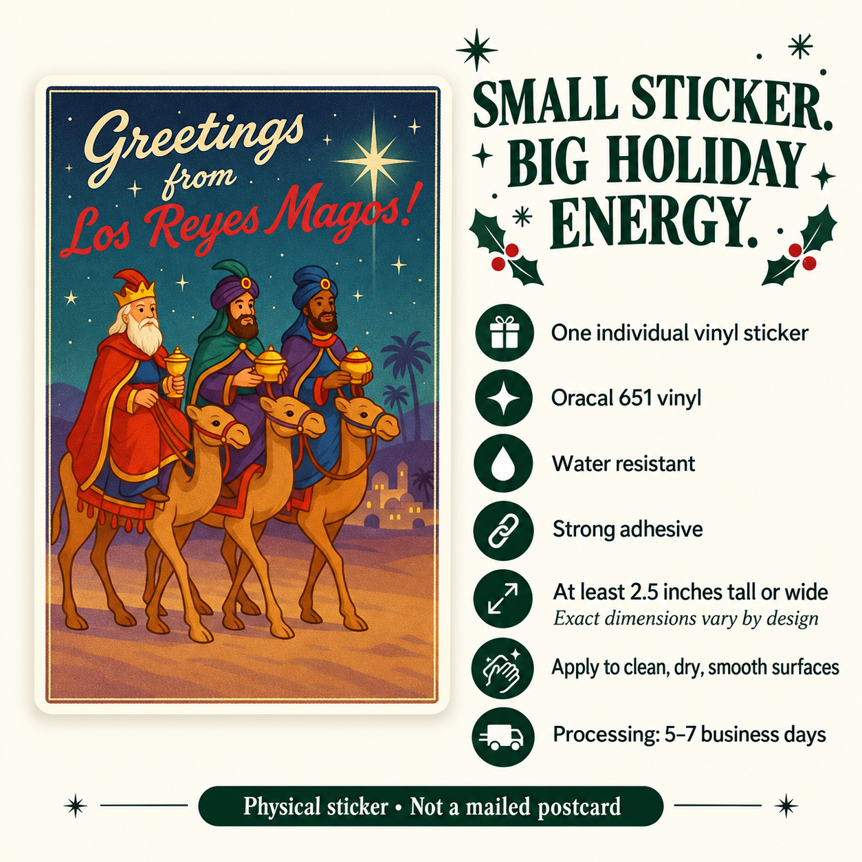 Los Reyes Magos postcard vinyl sticker — details slide