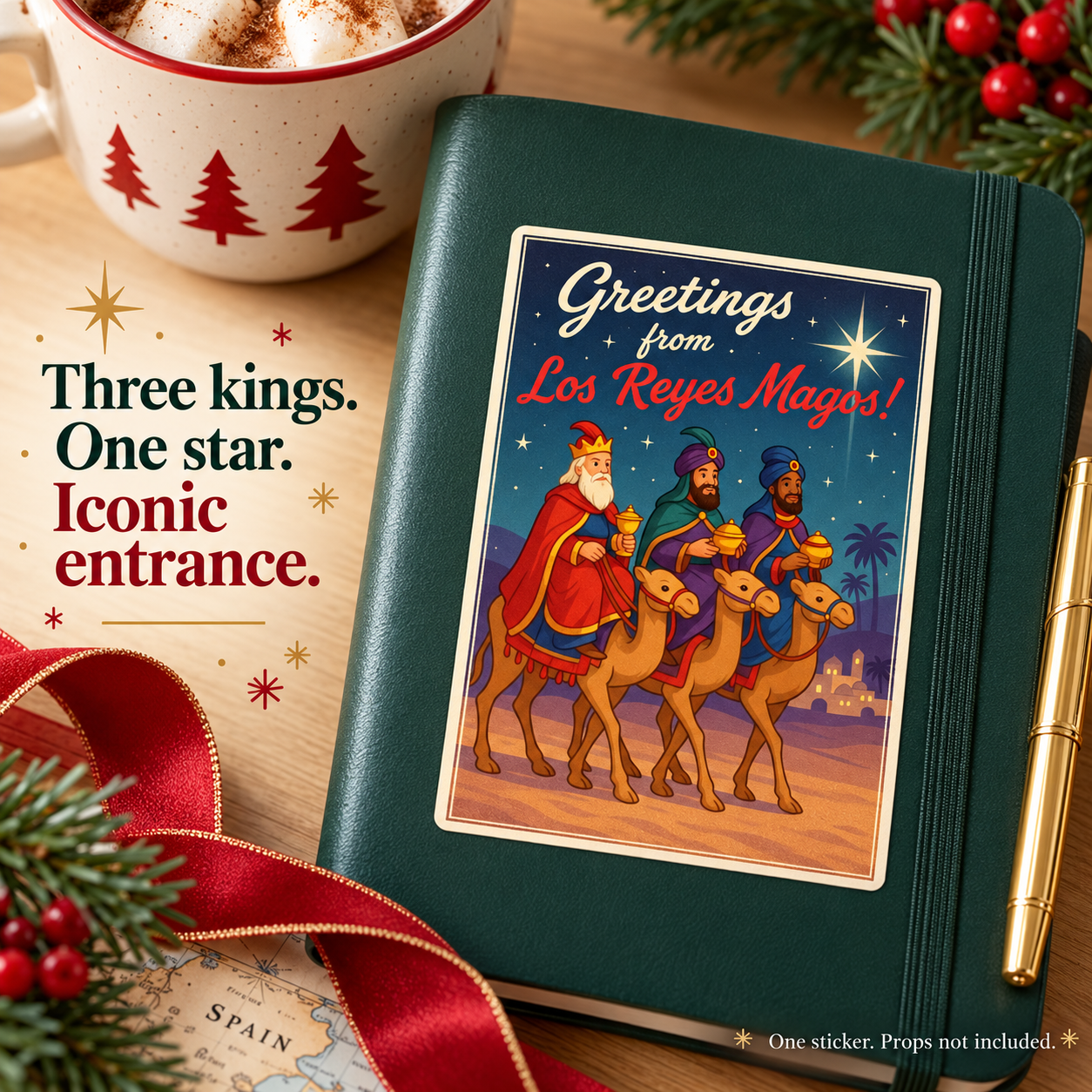 Los Reyes Magos postcard vinyl sticker — lifestyle slide