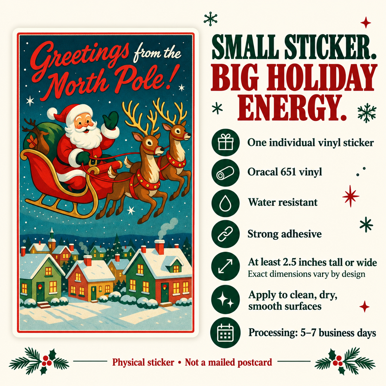 North Pole postcard vinyl sticker — details slide