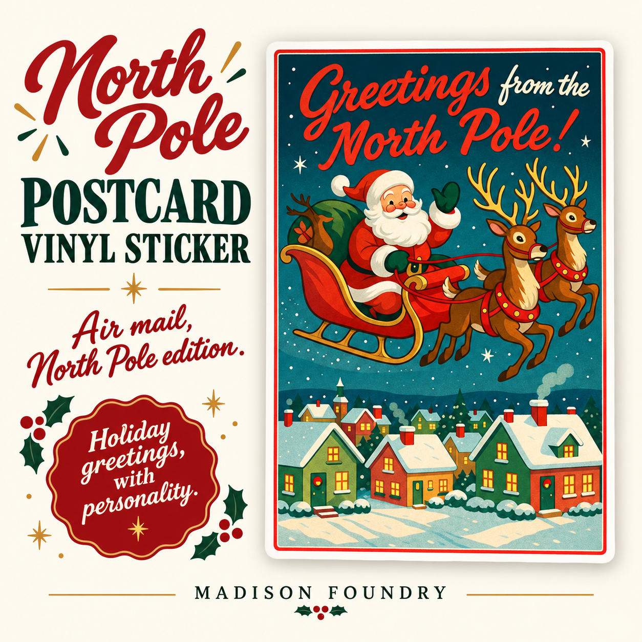 North Pole postcard vinyl sticker — hero slide