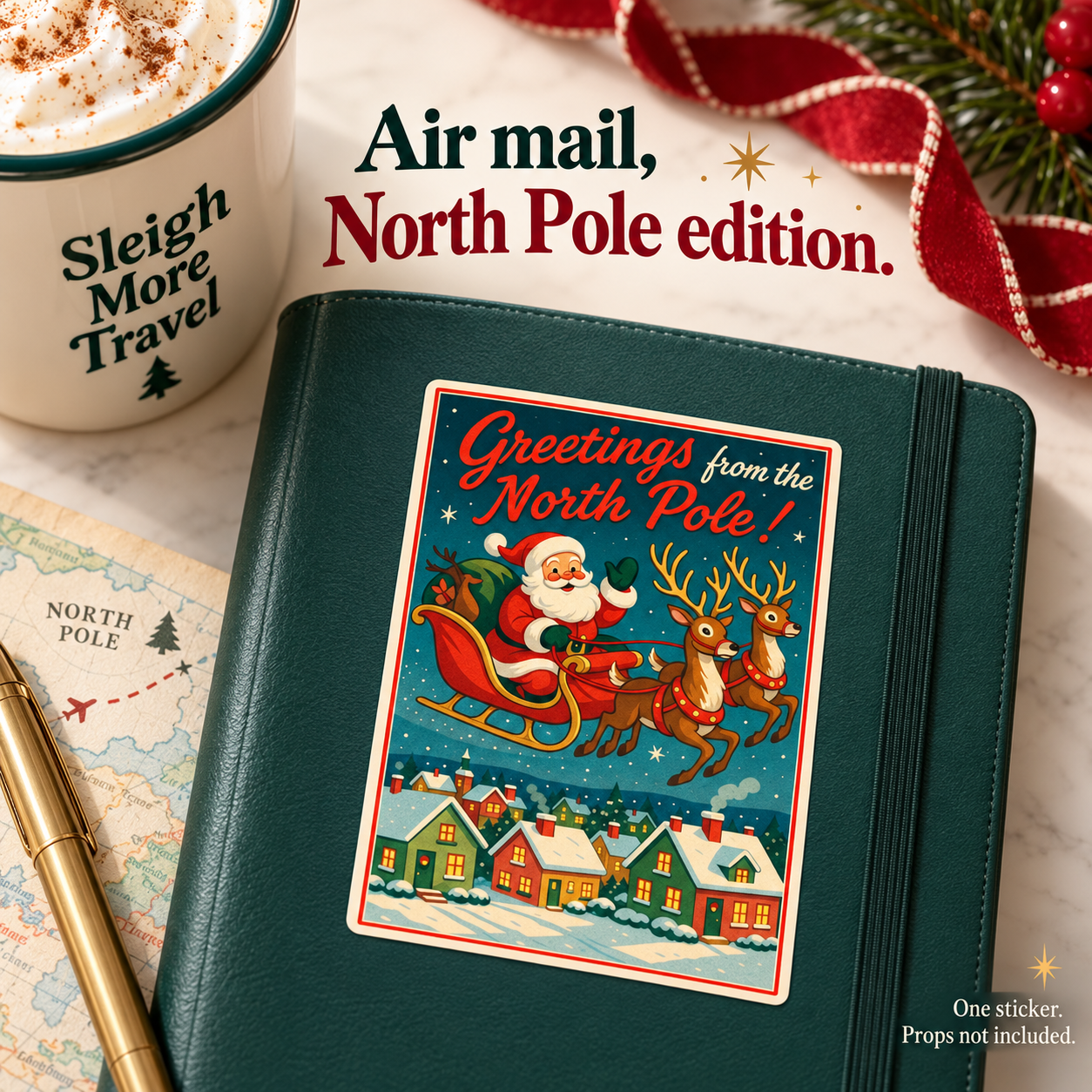 North Pole postcard vinyl sticker — lifestyle slide