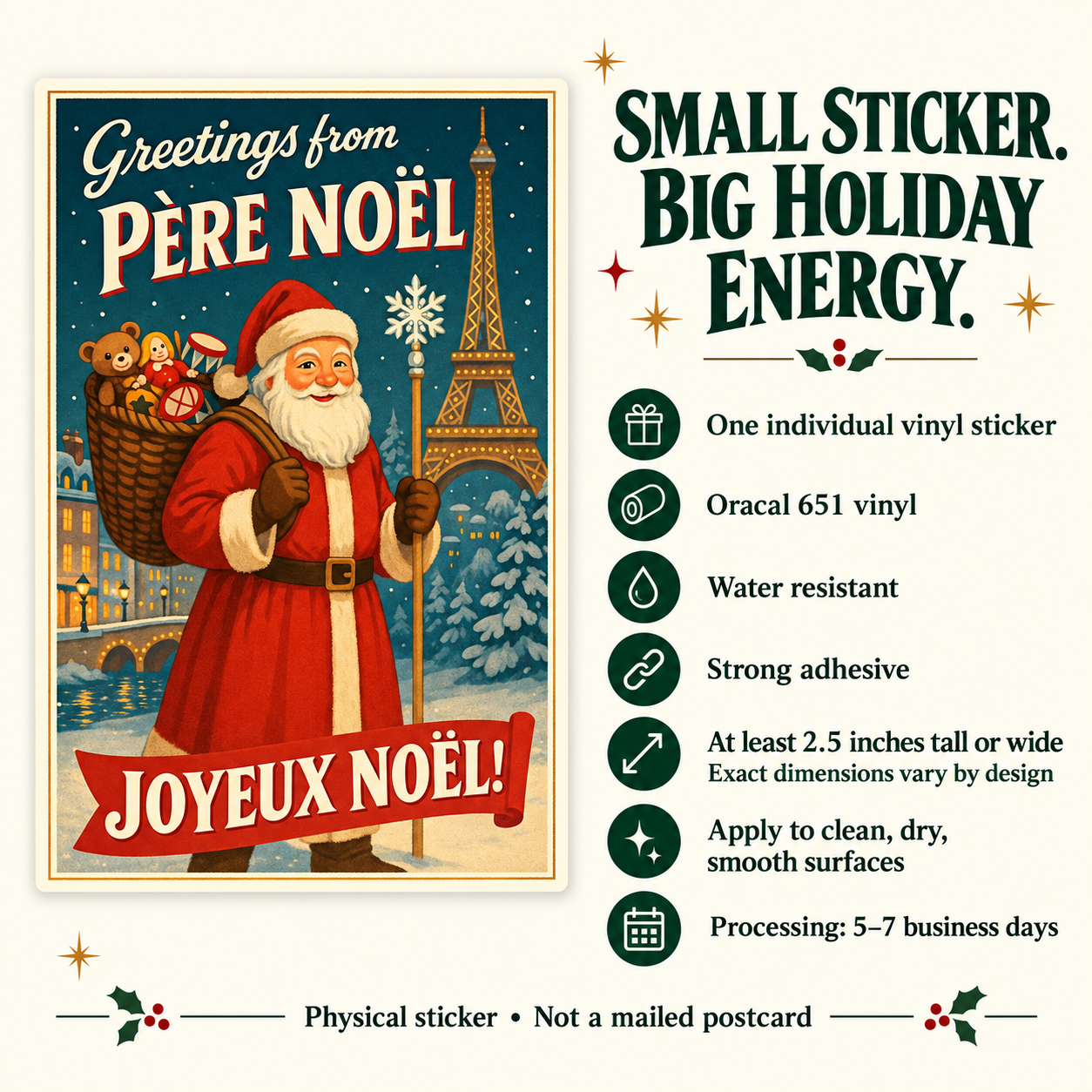 Père Noël postcard vinyl sticker — details slide