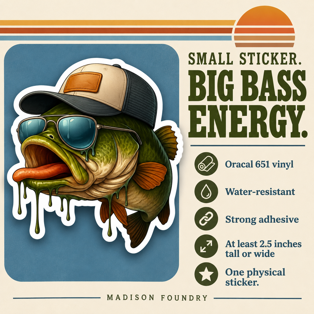 Cool bass sticker details: Oracal 651 vinyl, water-resistant, strong adhesive, at least 2.5 inches tall or wide, one physical sticker.