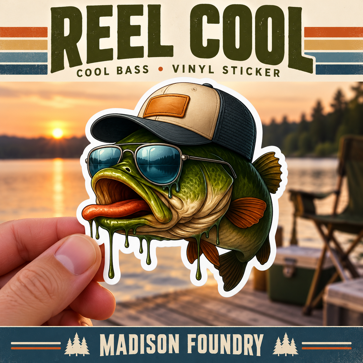Cool bass vinyl sticker wearing a trucker cap and mirrored sunglasses, held against a sunset lake with olive and denim Reel Cool styling.