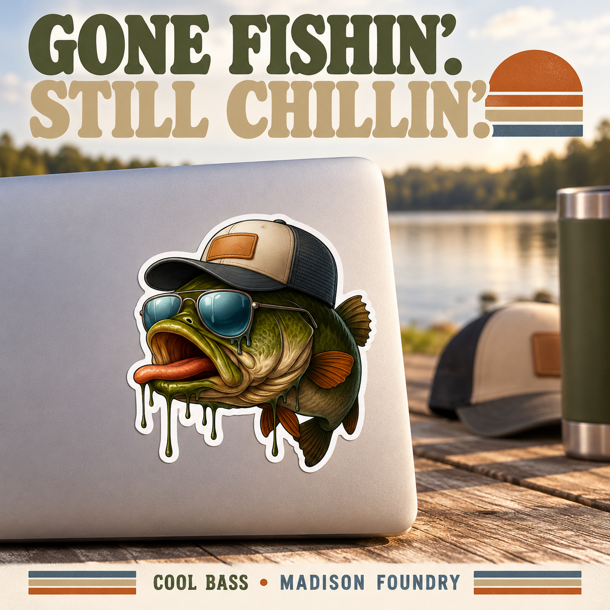 Cool bass sticker on a silver laptop beside a calm lake with a trucker cap and thermos, Gone Fishin Still Chillin headline.