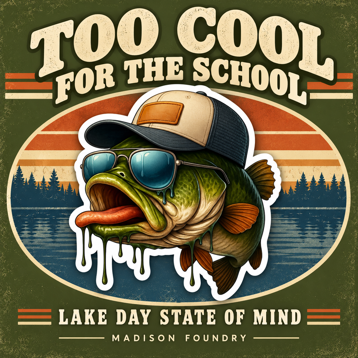 Cool bass sticker design spotlight with olive, rust and denim sunset lake artwork and Too Cool for the School headline.