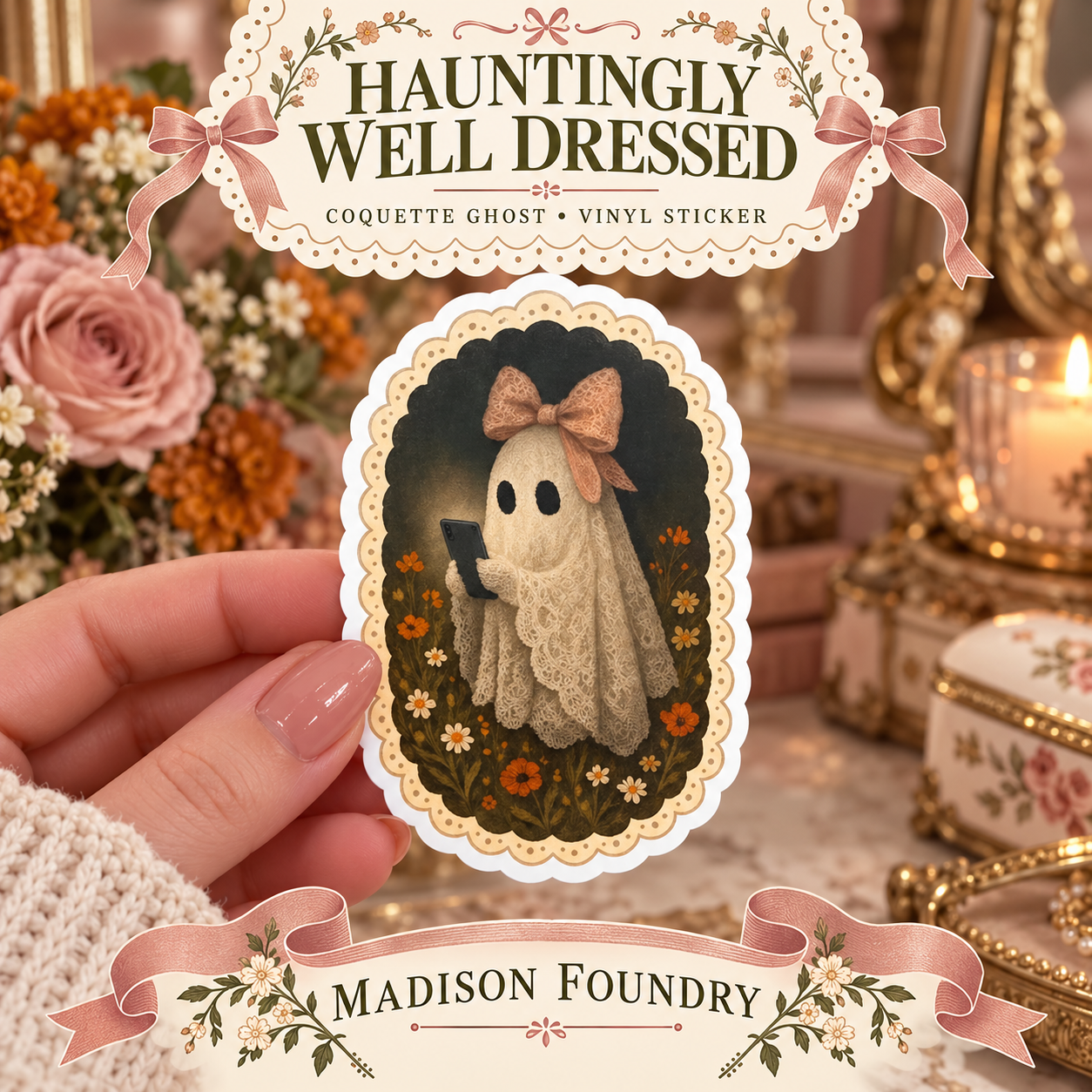 Hand-held coquette ghost floral oval vinyl sticker with lace sheet and peach bow in a dusty rose vanity setting.