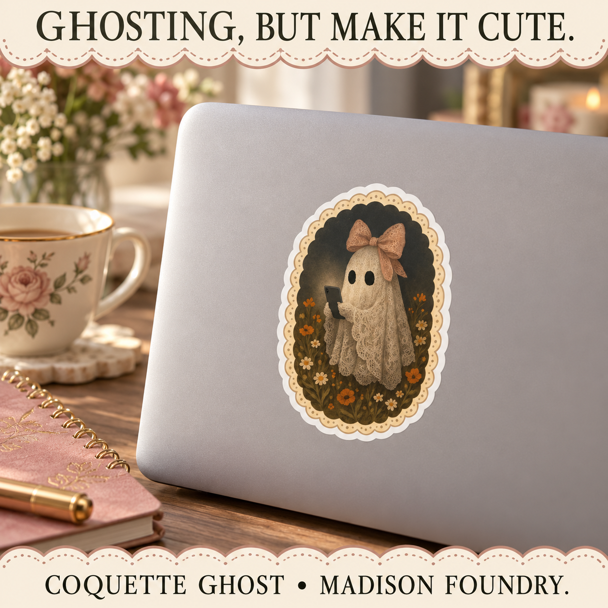 Coquette ghost floral oval sticker on a plain silver laptop beside a rose notebook and floral teacup.