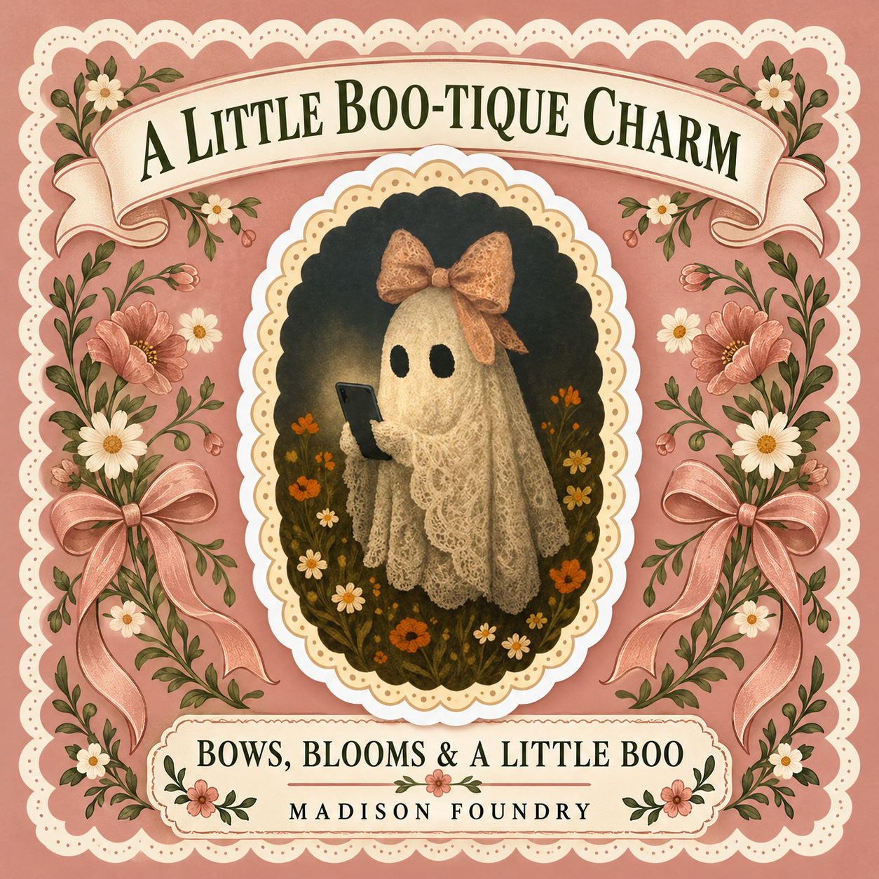 Coquette lace ghost with peach bow and smartphone in original floral oval sticker, dusty rose Boo-tique Charm spotlight.