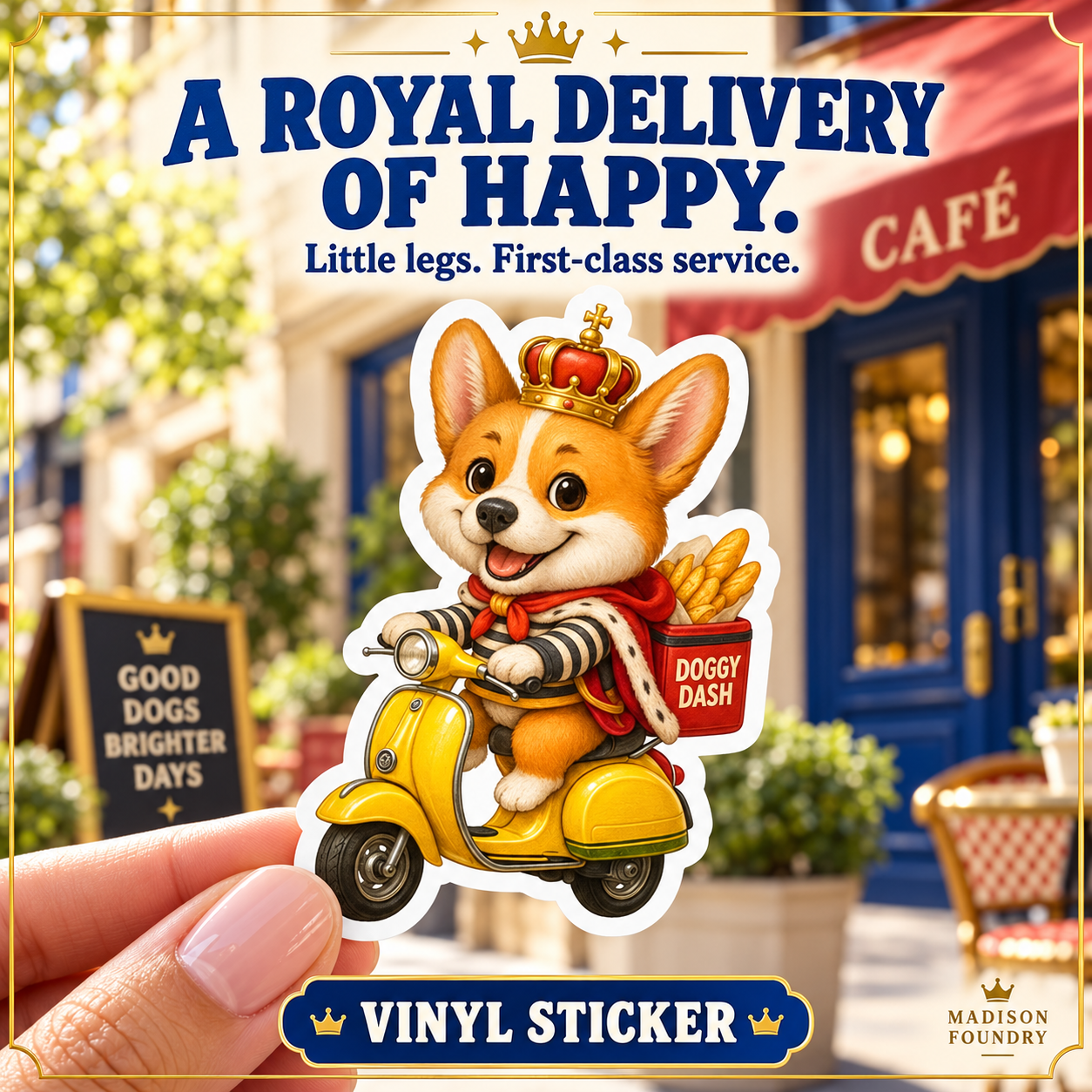 A Royal Delivery of Happy — hand-held Corgi King Doggy Dash sticker