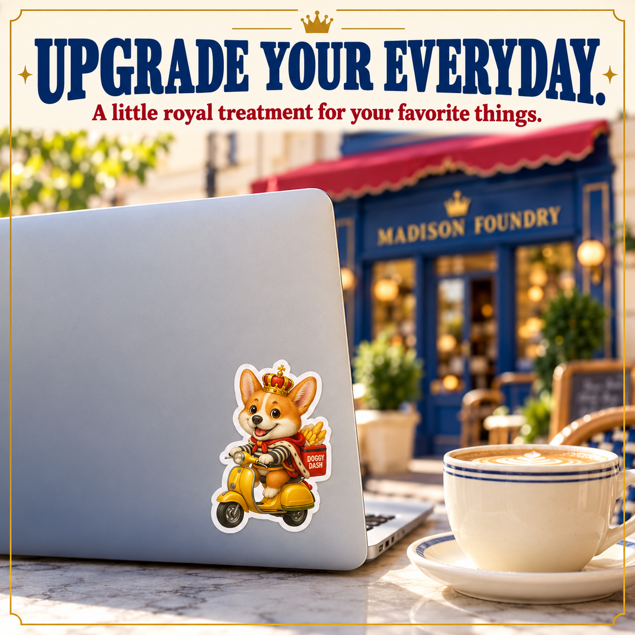 Upgrade Your Everyday — Corgi King Doggy Dash sticker on laptop