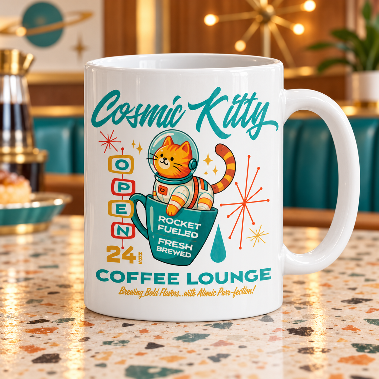 Cosmic Kitty mug in a retro space-age coffee lounge
