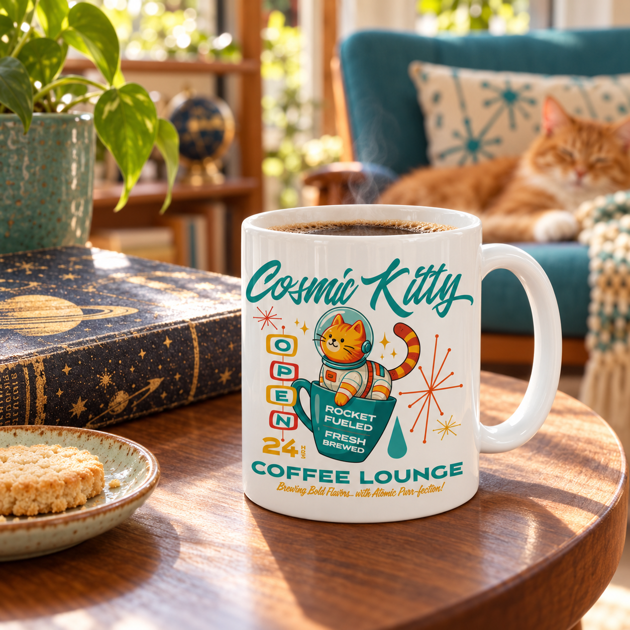 Cosmic Kitty coffee mug in a sunny reading corner