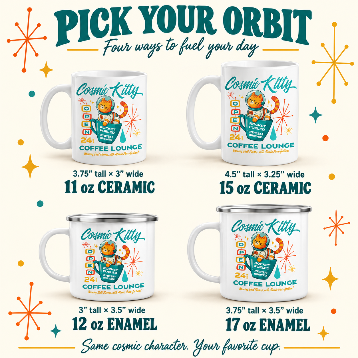 Cosmic Kitty four ceramic and enamel mug options with dimensions
