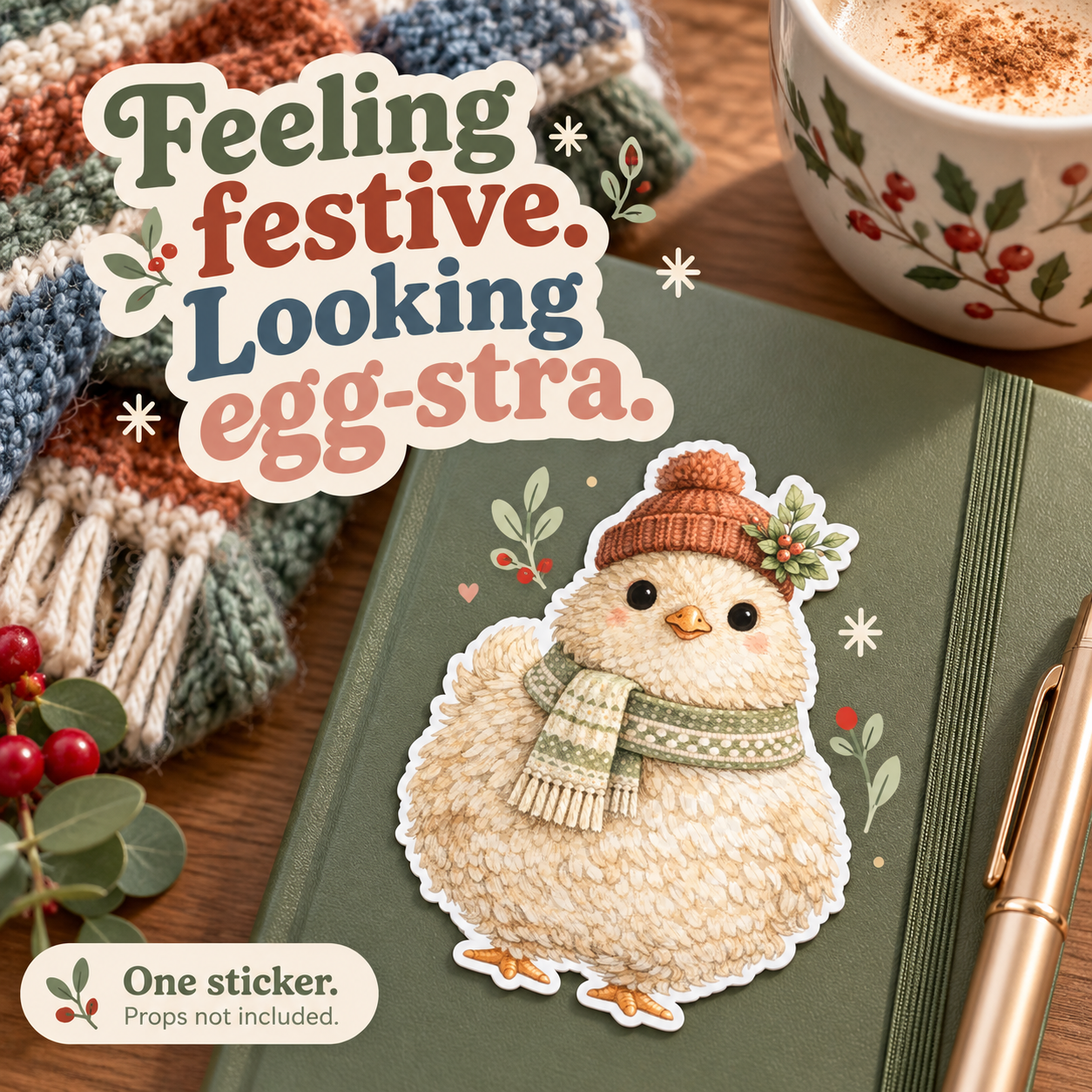 Cozy Christmas Chicken vinyl sticker — lifestyle slide