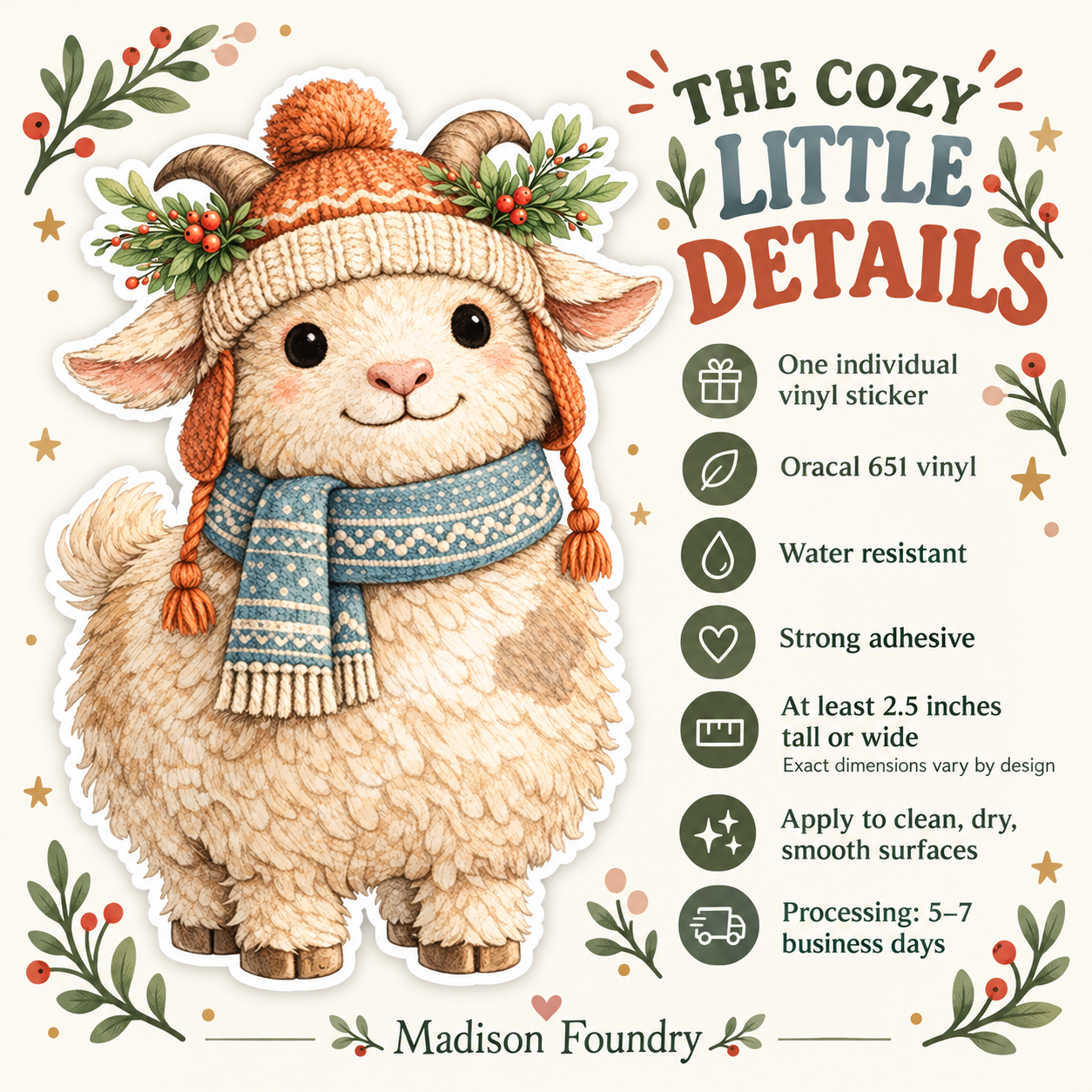 Cozy Christmas Goat vinyl sticker — details slide