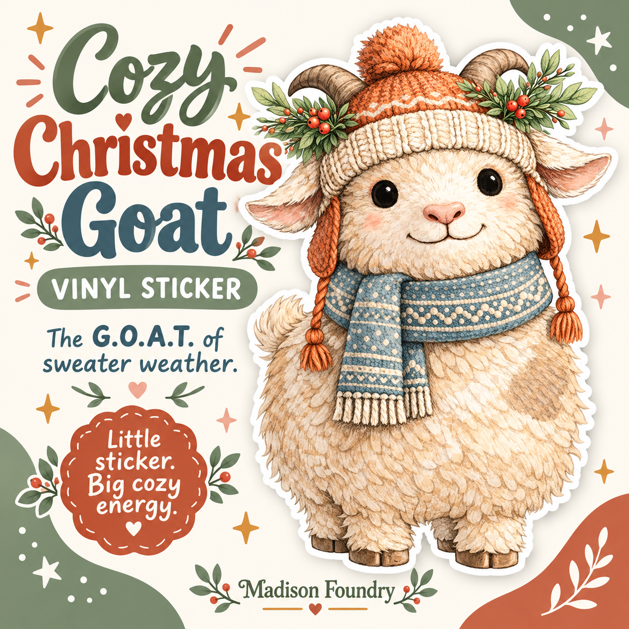 Cozy Christmas Goat vinyl sticker — hero slide