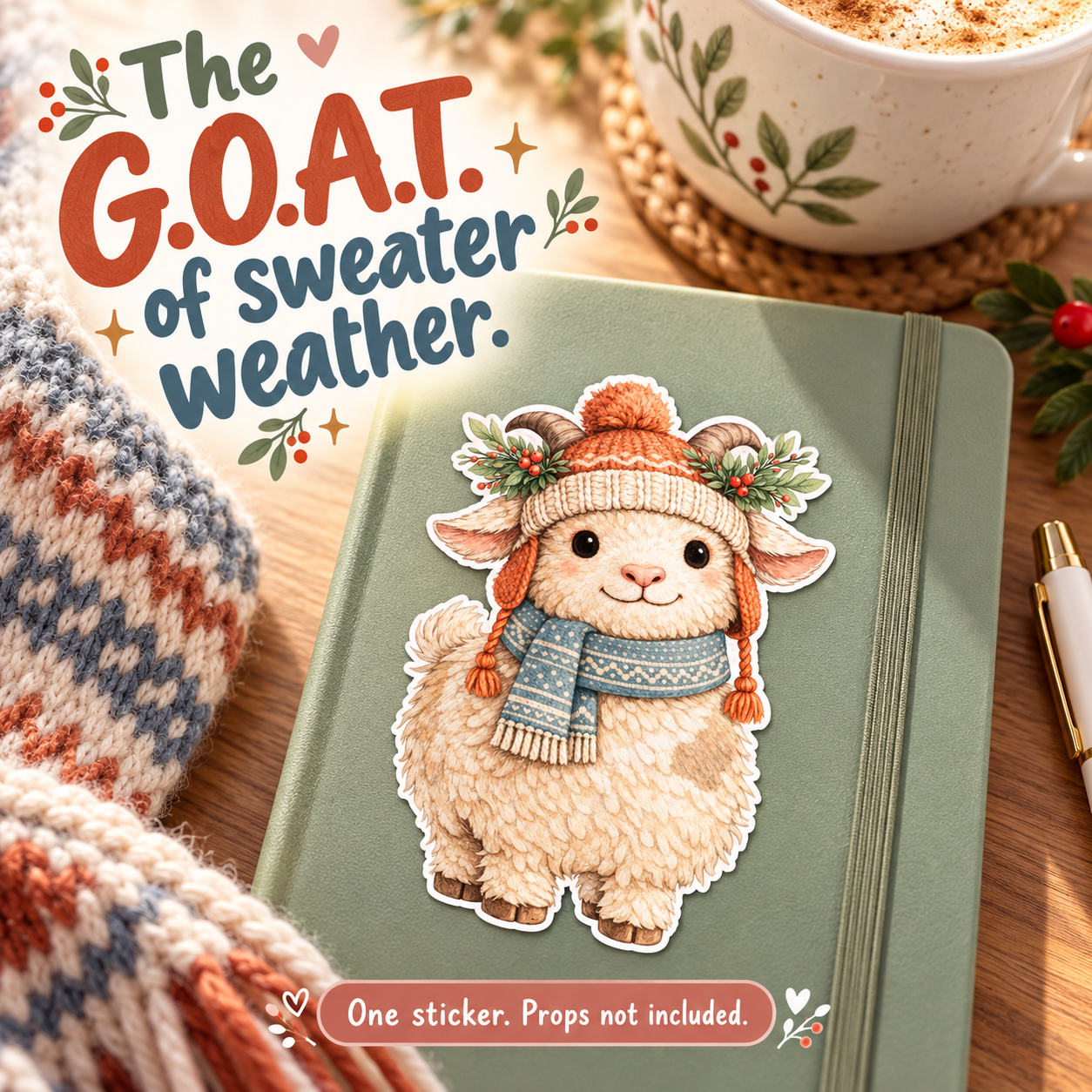 Cozy Christmas Goat vinyl sticker — lifestyle slide
